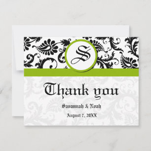 Carte De Remerciements Damassé floral noir et blanc avec garniture verte