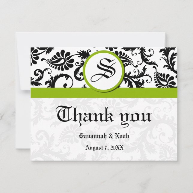 Carte De Remerciements Damassé floral noir et blanc avec garniture verte (Devant)