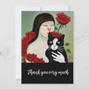 Carte De Remerciements Dame de chat avec chat noir et blanc et rose