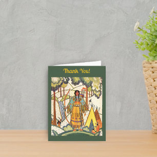 Carte De Remerciements Dame indienne américaine en forêt Tepee vert foncé