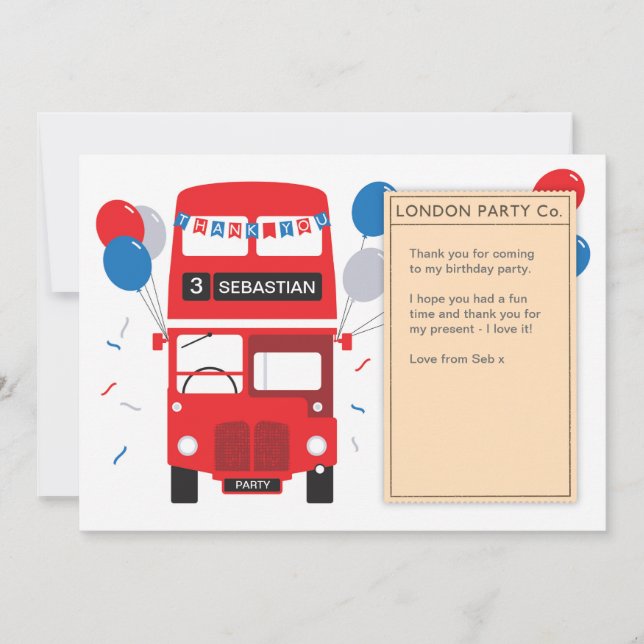 Carte de remerciements d'anniversaire du bus rouge (Devant)