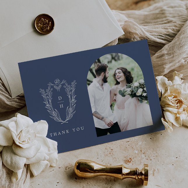 Carte De Remerciements DAPHNE Flat Dark Blue Minimal simple Mariage photo (DAPHNE Flat Dark Blue Minimal Simple Photo Wedding Thank You Card)