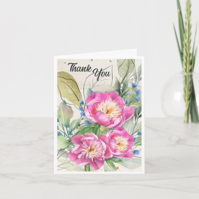 Carte de remerciements d'aquarelle Pink Peonies (Devant)