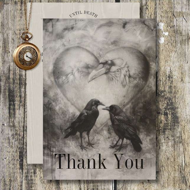 Carte De Remerciements Dark Gothique Noir & Tan Raven Couple Mariage (Dark Gothic Black & Tan Raven Couple Wedding Thank You Card)