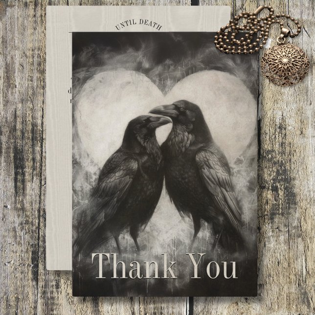 Carte De Remerciements Dark Gothique Noir & Tan Raven Couple Mariage (Dark Gothic Black & Tan Raven Couple Wedding Thank You Card)