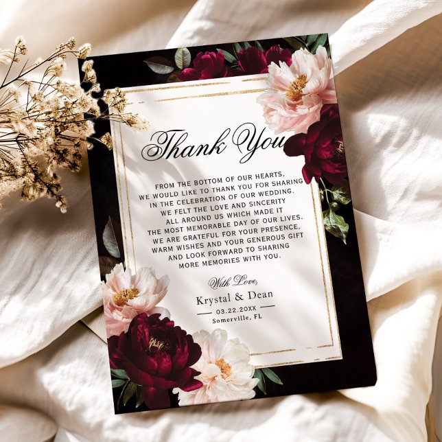 Carte De Remerciements Dark Moody Burgundy Blush Navy Blue Floral Mariage (Créateur téléchargé)