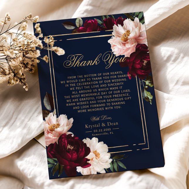 Carte De Remerciements Dark Moody Burgundy Blush Navy Blue Floral Mariage (Créateur téléchargé)