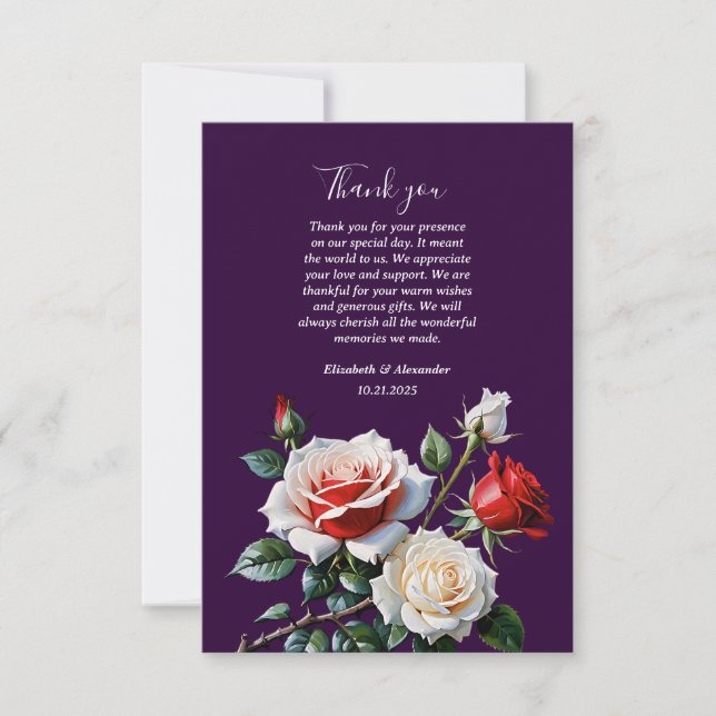 Carte De Remerciements Dark Pretty pink white red roses floral wedding  (Devant)