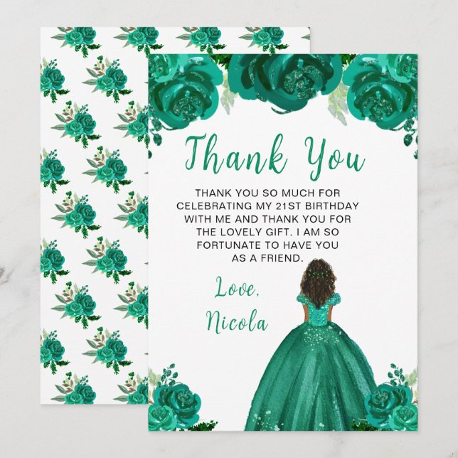 Carte De Remerciements Dark Skin Princess Green Floral Birthday Party (Devant / Derrière)