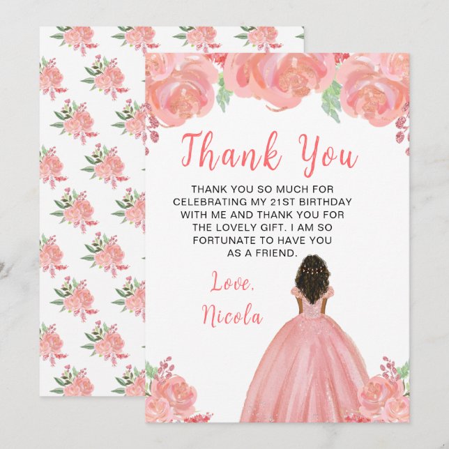 Carte De Remerciements Dark Skin Princess Pink Floral Birthday Party (Devant / Derrière)