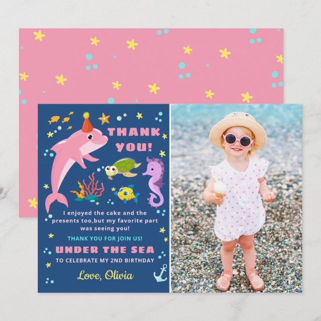 Carte De Remerciements Dauphin rose Sous La Mer Fille Photo Anniversaire (Devant / Derrière)