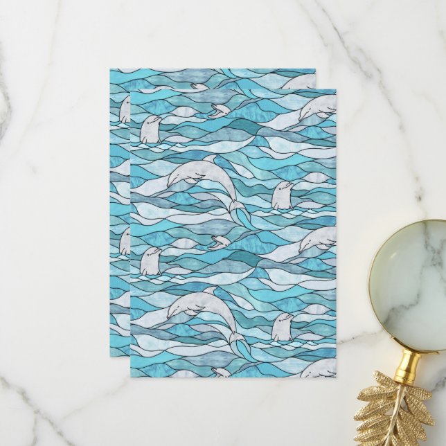 Carte De Remerciements Dauphins de verre tendu de l'océan bleu (Devant/Arrière en situation)
