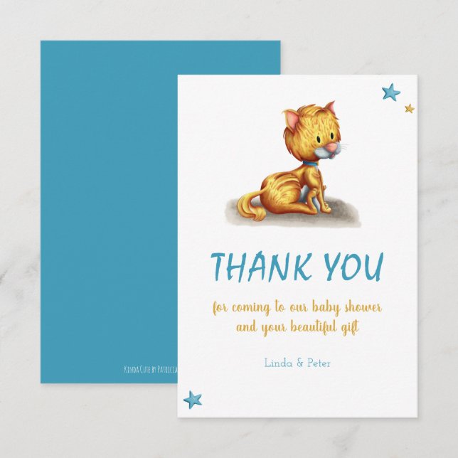 Carte de remerciements de Baby shower bleu Kitten  (Devant / Derrière)