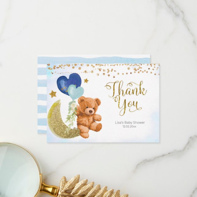 Carte de remerciements de Baby shower Bleu Ours Te (Devant/Arrière en situation)