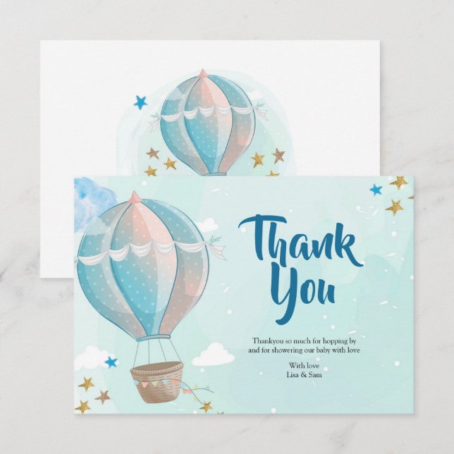 Carte de remerciements de Baby shower Blue Hot Air (Devant / Derrière)