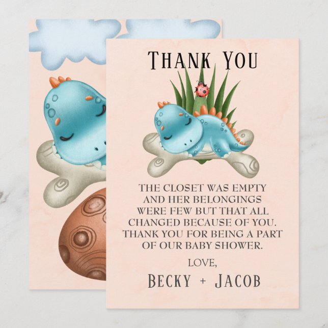 Carte de remerciements de Baby shower Cute Dinosau (Devant / Derrière)