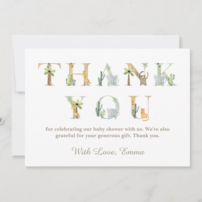 Carte de remerciements de Baby shower d'animaux aq (Devant)