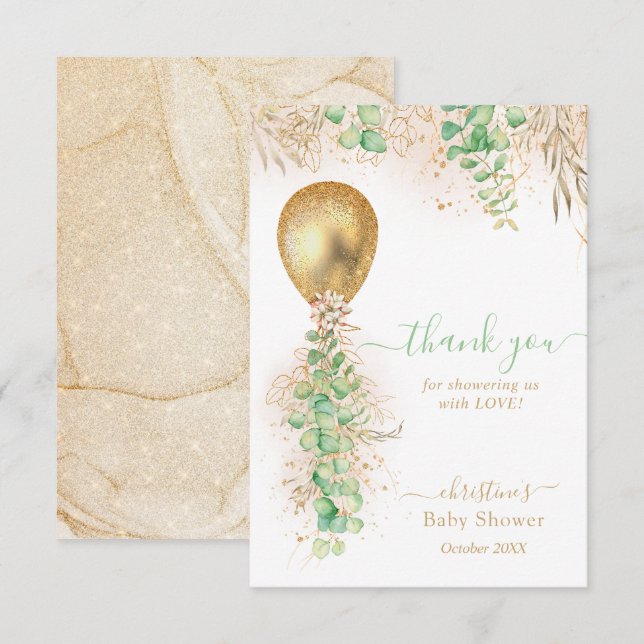 Carte de remerciements de Baby shower de ballon or (Devant / Derrière)