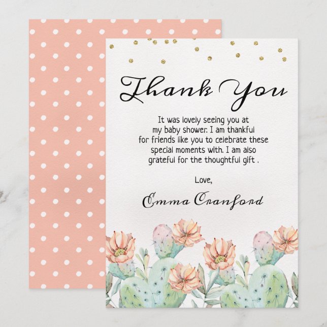 Carte de remerciements de baby shower de cactus (Devant / Derrière)