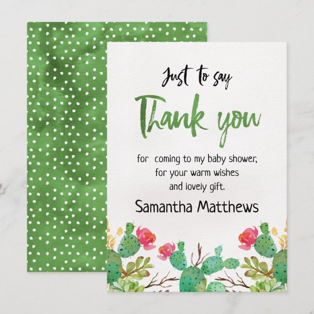 carte de remerciements de baby shower de cactus (Devant / Derrière)