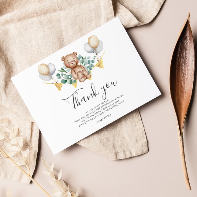 Carte de remerciements de Baby shower de l'ours de (Woodland Bear Greenery Balloon Baby Shower Thank You Card)