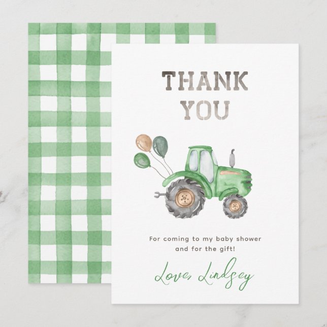 Carte de remerciements de Baby shower de tracteur (Devant / Derrière)