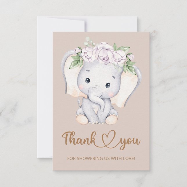 Carte de remerciements de baby shower d'éléphant (Devant)