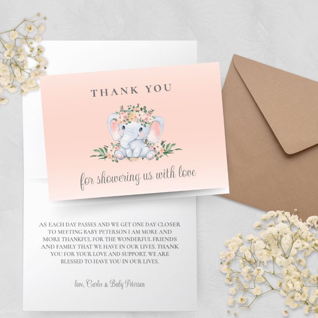 Carte de remerciements de Baby shower d'éléphants  (Elephant Baby Shower Thank You Cards for Sweet Baby Girl with Pink Peach Floral and Greenery)