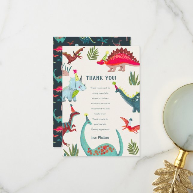 Carte de remerciements de baby shower Dinosaur (Devant/Arrière en situation)