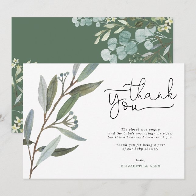 Carte de remerciements de Baby shower Eucalyptus (Devant / Derrière)