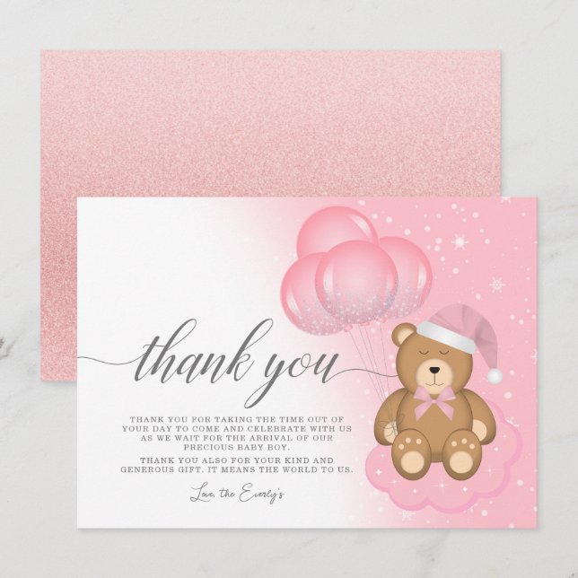 Carte de remerciements de Baby shower fille ours m (Devant / Derrière)