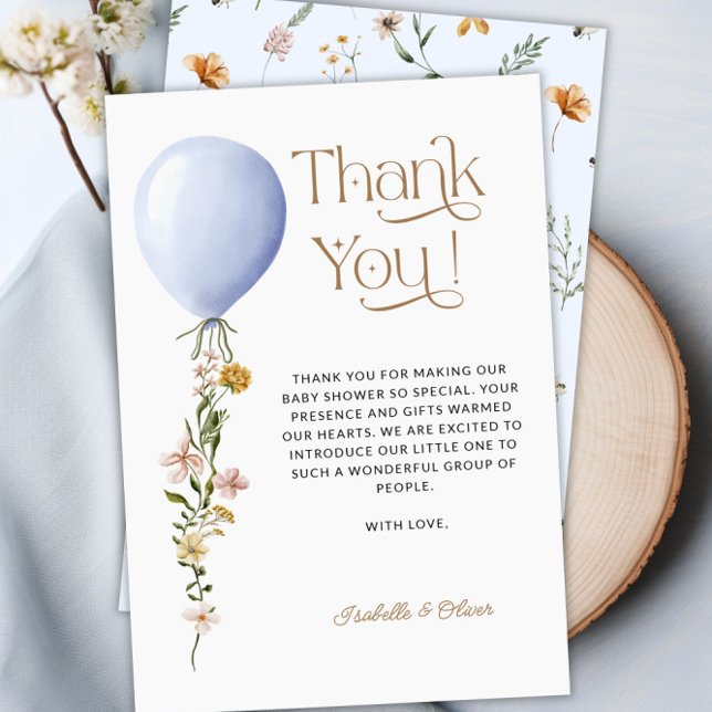 Carte de remerciements de Baby shower Floral Bleu  (Blue Balloon Floral Baby Shower Thank You Card)