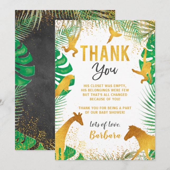 Carte de remerciements de Baby shower Gold Jungle  (Devant / Derrière)