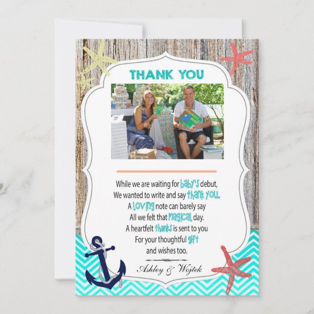 Carte de remerciements de baby shower nautique (Devant)