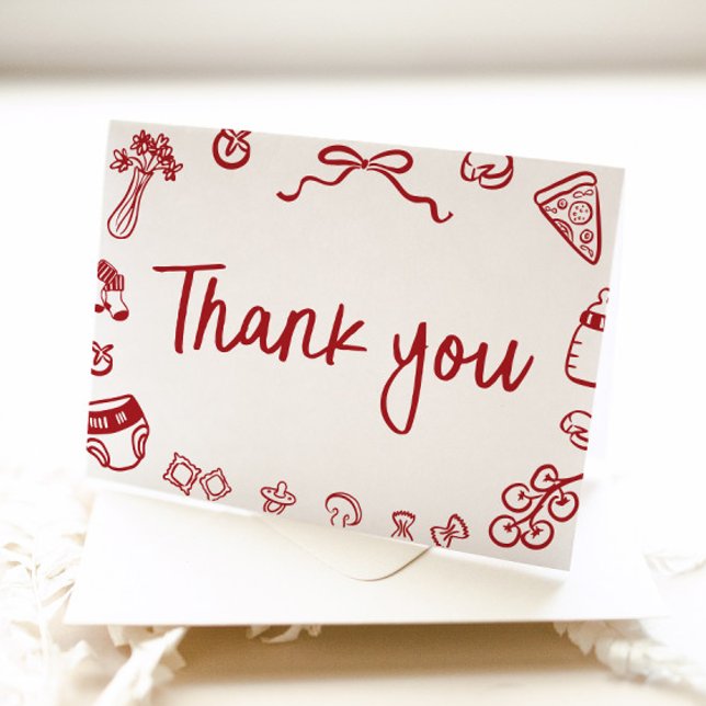 Carte de remerciements de Baby shower rouge italie (Red Italian Hand Drawn Baby Shower Thank you Card)