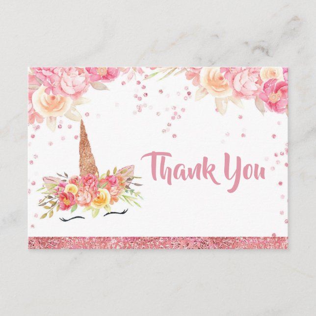 Carte de remerciements de Baby shower Unicorne ros (Devant)