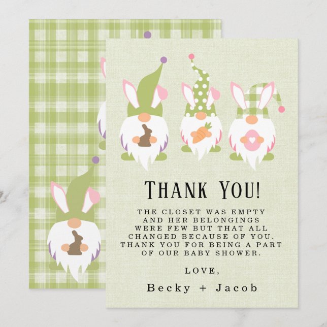 Carte de remerciements de Baby shower vert Gnomes  (Devant / Derrière)