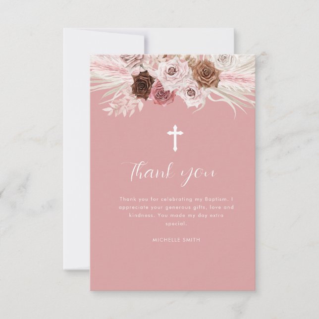 carte de remerciements de baptême floral rose pous (Devant)