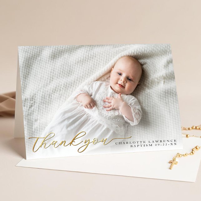 Carte de remerciements de Baptême Gold Modern Scri (Baptism Thank You Card)