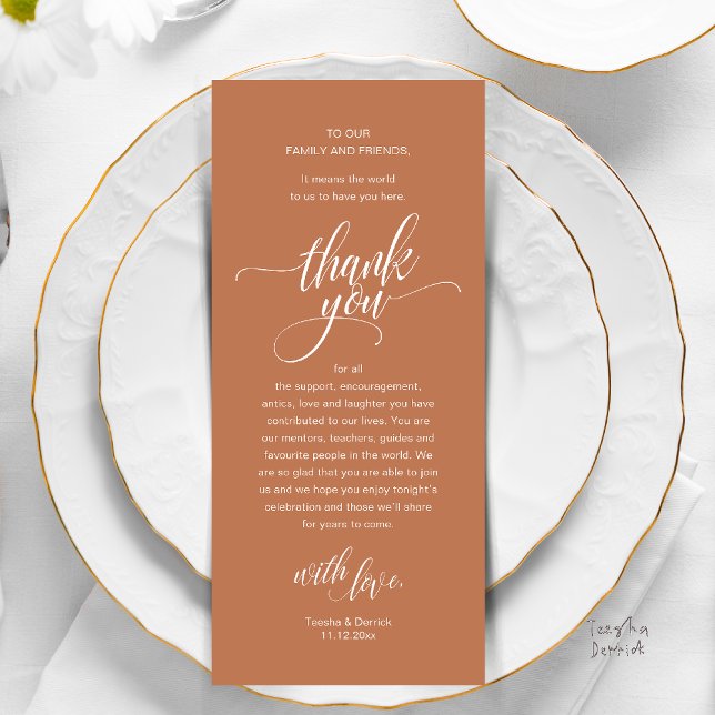 Carte de remerciements De Cadre De La Réception De (Modern Script Wedding Guest Dinner Reception Brunch Lunch Thank You Card in Copper Brown Terracotta)