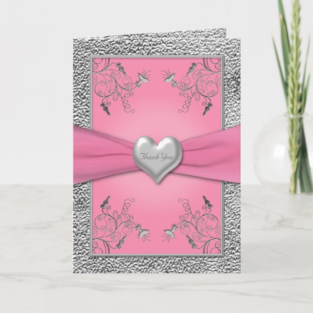 Carte de remerciements de coeur rose et en eau dou (Devant)