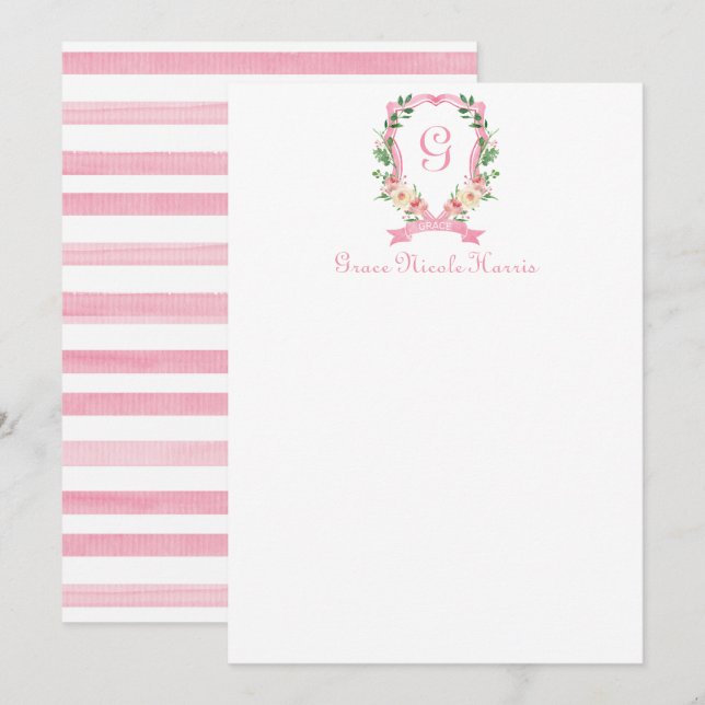 Carte de remerciements de crête rose fleurie monog (Devant / Derrière)