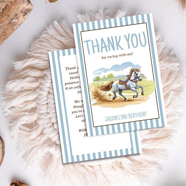 Carte De Remerciements De deux les courses cheval équestre derby annivers (Off two the races horse equestrian derby birthday party thank you cards cute racing pony boys party)