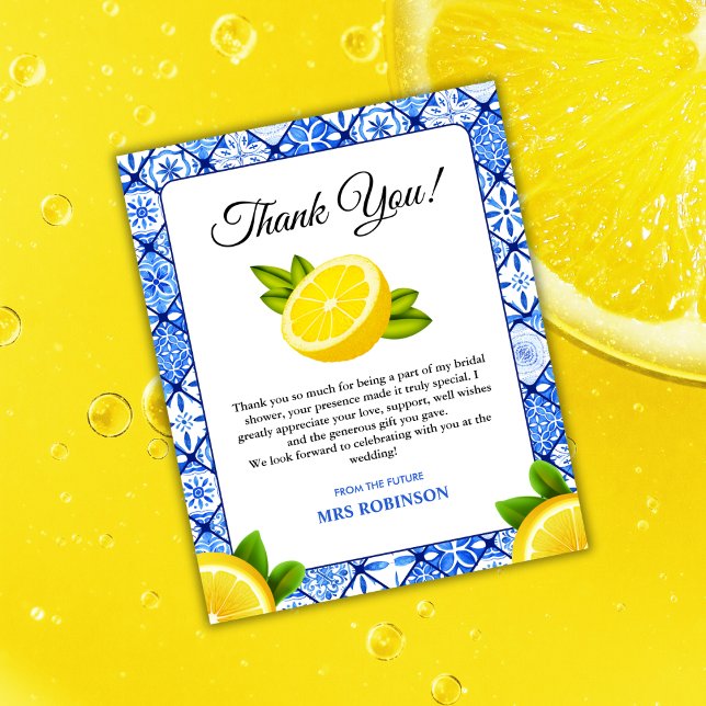 Carte de remerciements de Fête des mariées de citr (Mediterranean Italian Blue Tile Lemon Bridal Shower Thank You Card )