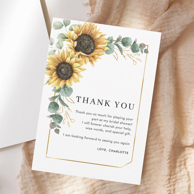 Carte de remerciements de Fête des mariées de scri (Sunflower Script Bridal Shower Thank You Card)