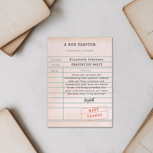 Carte de remerciements de graduation de la carte d (graduation party thank you card vintage library card inspirational message personalized name)
