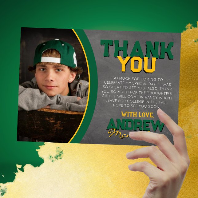 Carte de remerciements de graduation du tableau de (Green and Gold 1 Photo Chalkboard Graduation Thank You Cards)