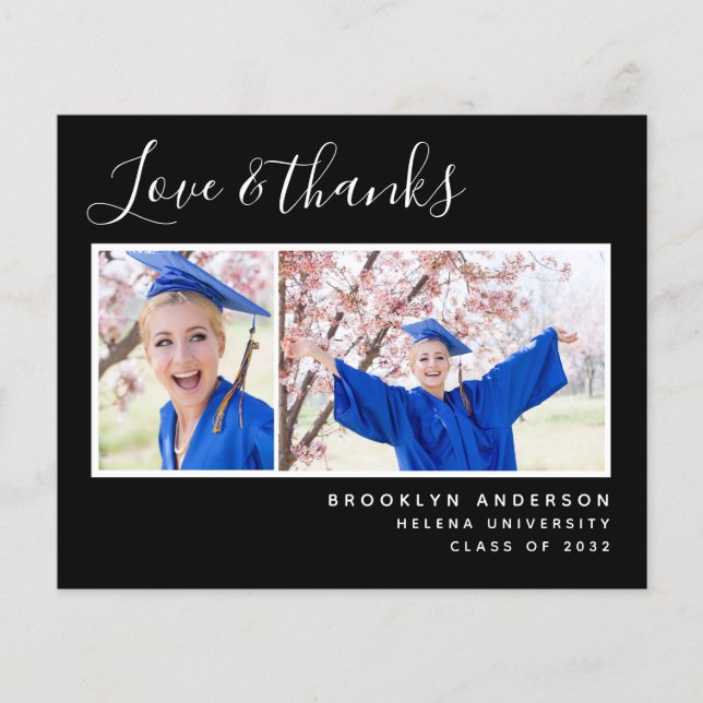 Carte de remerciements de graduation noir photo bu (Devant)