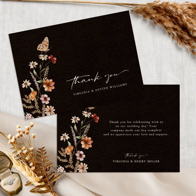 Carte de remerciements de Mariage Floral Noir (Black Floral Wedding Thank You Card with Butterfly by Painted Paperie
)