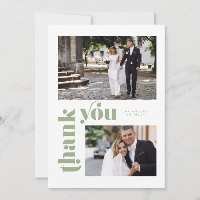 Carte de remerciements de Mariage vert rétro (Devant)